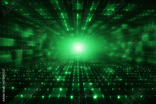 Green laser grid with a bright center on a dark background