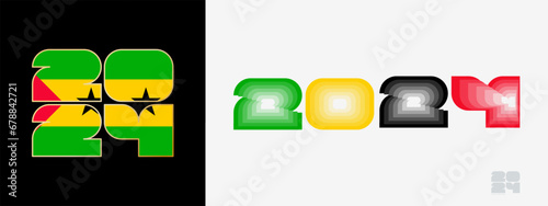 Year 2024 with flag of Sao Tome and Principe and in color palate of Sao Tome and Principe flag. Happy New Year 2024 in two different style.