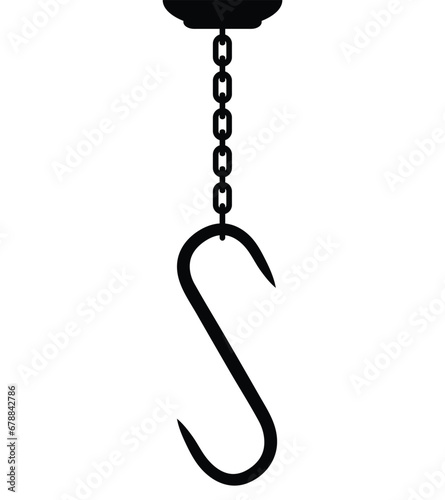 Butcher hook on chain for hanging meat, vector illustration