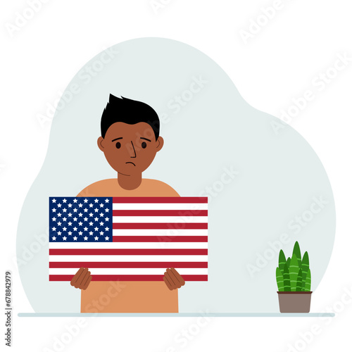 The little boy is holding a US flag. The concept of demonstration, national holiday, independence day or patriotism. Nationality.