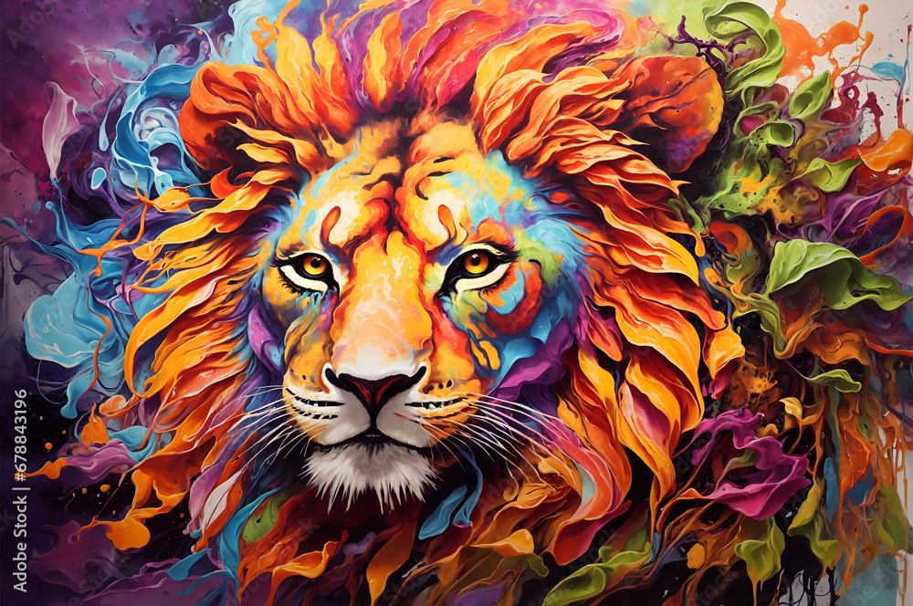 Abstract background of the face of a lion with liquid paints for painting