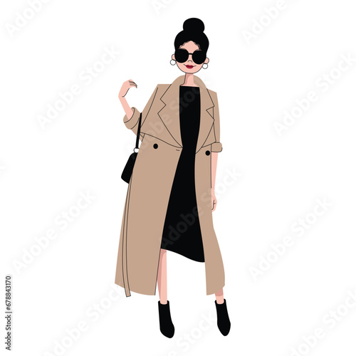 Stylish young woman. Hand drawn fashion illustration of a beautiful young girl in a spring outfit. Vector illustration isolated on white background.