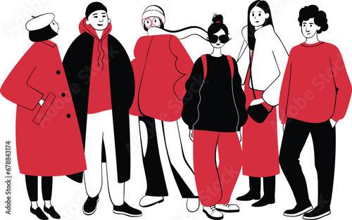 Group of stylish women and men in trendy spring or fall outfits. Hand drawn young people character set. Modern fashionable street style girls and guys. Vector red and black color illustration.
