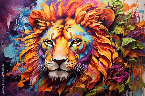 Abstract background of the face of a lion with liquid paints for painting