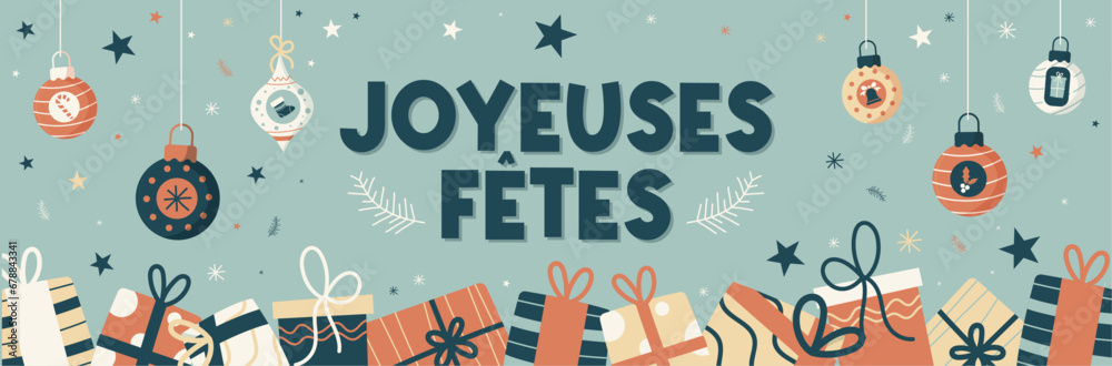 Joyeuses fêtes de fin d'année - Joyeux Noël - Vœux - Bannière vectorielle pour les fêtes de Noël ou le jour de l'an - Vacances d'hiver - Cadeaux et boules de Noël - Style rétro - Magie de Noël