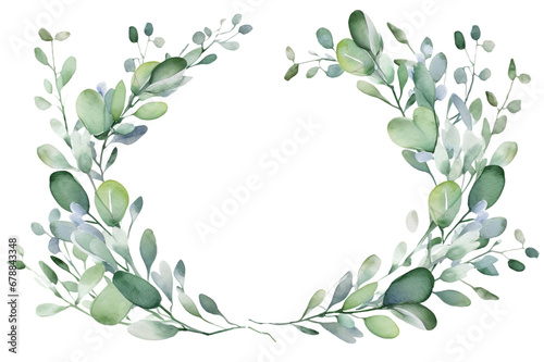 Eucalyptus wreath, floral frame, watercolor, isolated on white. Wedding concept