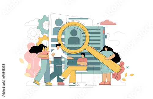 HR and headhunter service. Man and woman office workers standing in front of list of job applicants