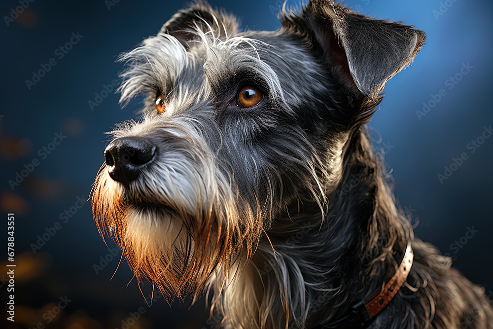 Zwergschnauzer dog on a blue background, Close up portrait. Ai art