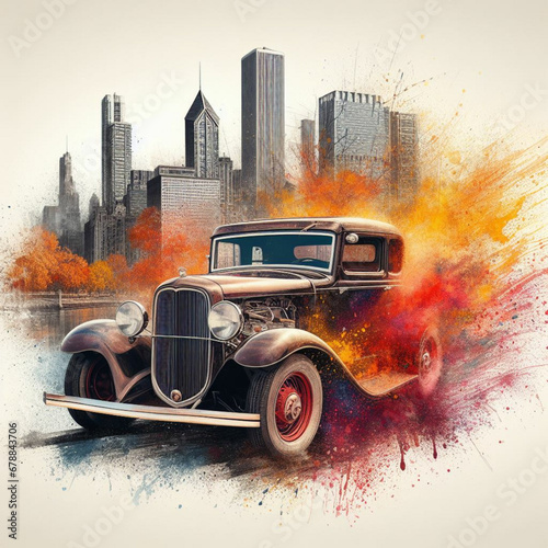 fine art realistic photography, logo for t-shirt print, splash of color, a tuned 1930s jalopy, chicago city, plain white background, autumn afternoon photo