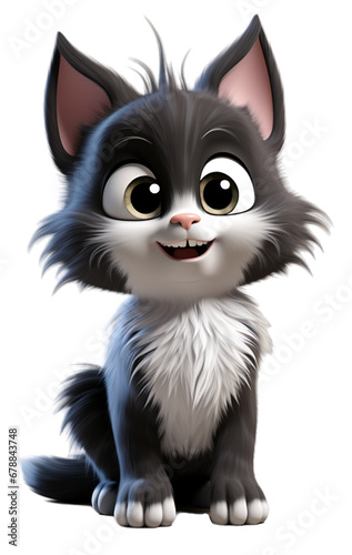 Adorable cute black and white fur cat character on transparent background, generative ai