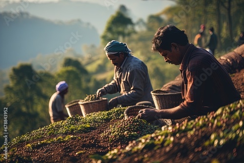 Workers picking coffee at a plantation. Great for stories on agriculture, supply chain, organic produce, cooperative farming, organic farming and more.  photo