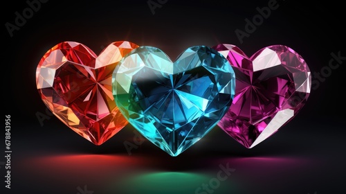 Multicolor Crystal heart background. Valentines Day  wedding concept. Symbol of love. Diamond gemstones crystalline hearts semi  precious  jewelry. For greeting card  banner  flyer  party invitation..