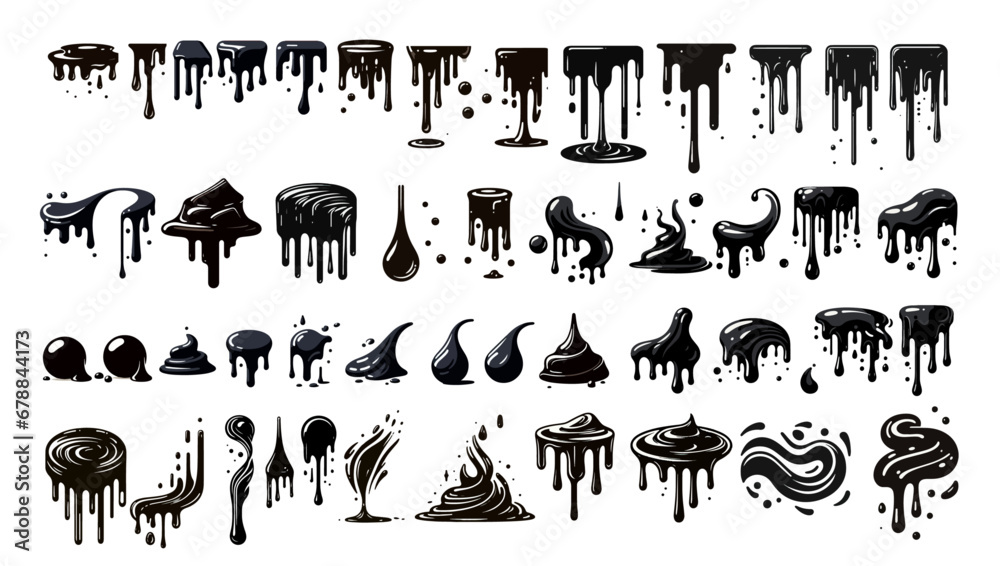 Dripping black paint, melting chocolate or dripping black oil. Set of ...