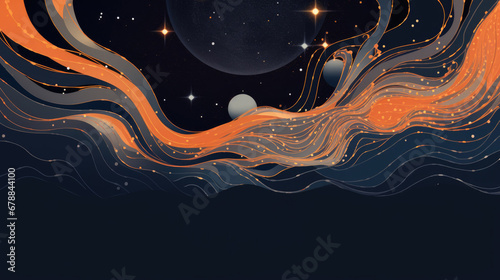 Blue Orange abstract cosmic background. Modern Style Minimalist Creative card Design. Bright Space banner illustration for greeting card, party flyer, poster, banner..