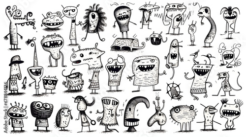 monsters. Funny line hand-drawn aliens for coloring pages. Flat illustration generativ ai