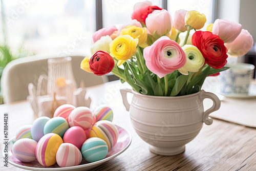 Spring Celebration: Ranunculus Blooms and Painted Easter Eggs