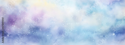 Wide banner winter background with snowflakes and bokeh on soft blue background in watercolor style with space for text. Christmas, New Year Illustration