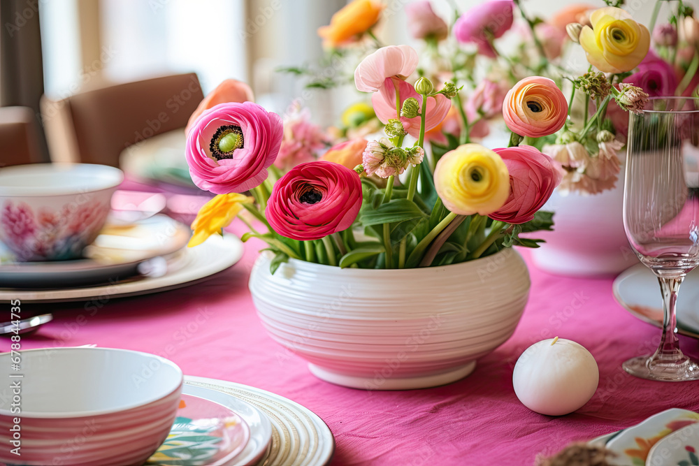 Beautiful spring ranunculus flowers in vase on the festive Easter table Beautiful spring ranunculus flowers in vase on the festive Easter table