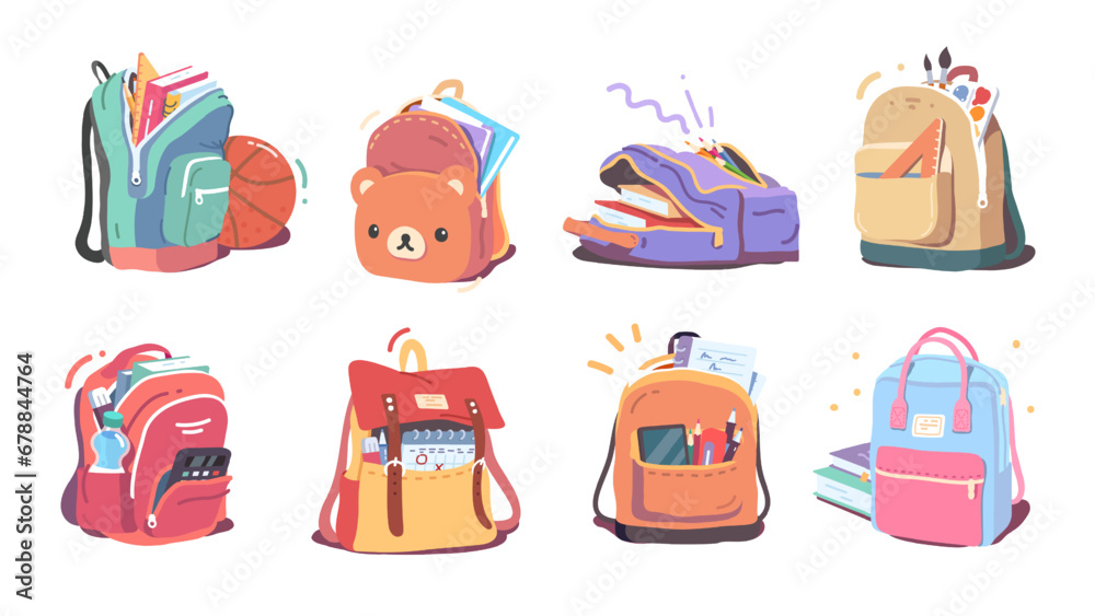 Schoolbags, backpacks full of books and supplies Schoolbags, backpacks full of books and supplies