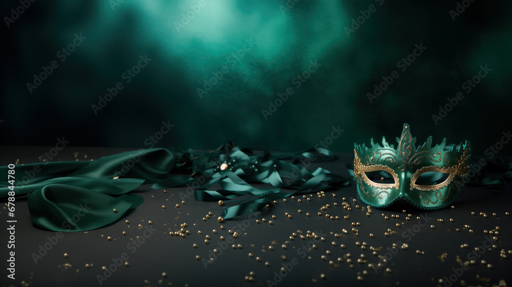 Obraz premium Festive new year's eve party background with emerald green mask and festive decoration on a green background.carnival concept, copy space