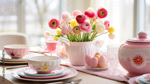 Beautiful spring ranunculus flowers in vase on the festive Easter table 