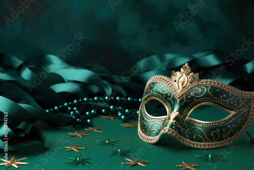 Festive new year party background with emerald green mask and festive decoration. copy space