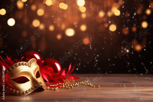 Festive New Year's party background with mask on a wooden table with Christmas decoration and bokeh background of lights.carnival, copy space