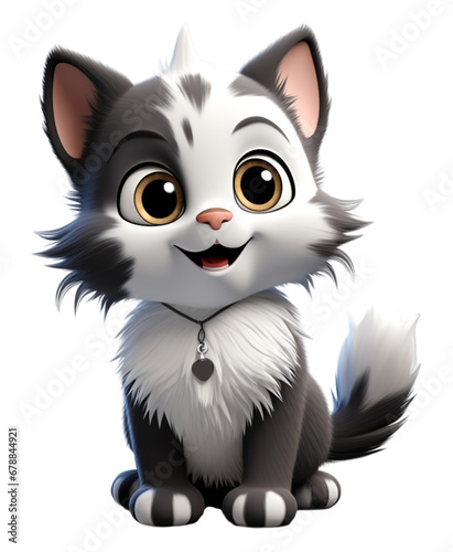 Adorable cute black and white fur cat character on transparent background, generative ai
