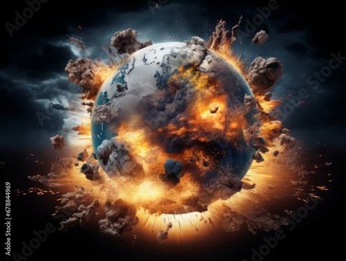 Apocalyptic Canvas: A World Gripped in Chaos, Earth's Globe Shrouded in Explosive Warfare and Ominous Threats of a Nuclear Catastrophe