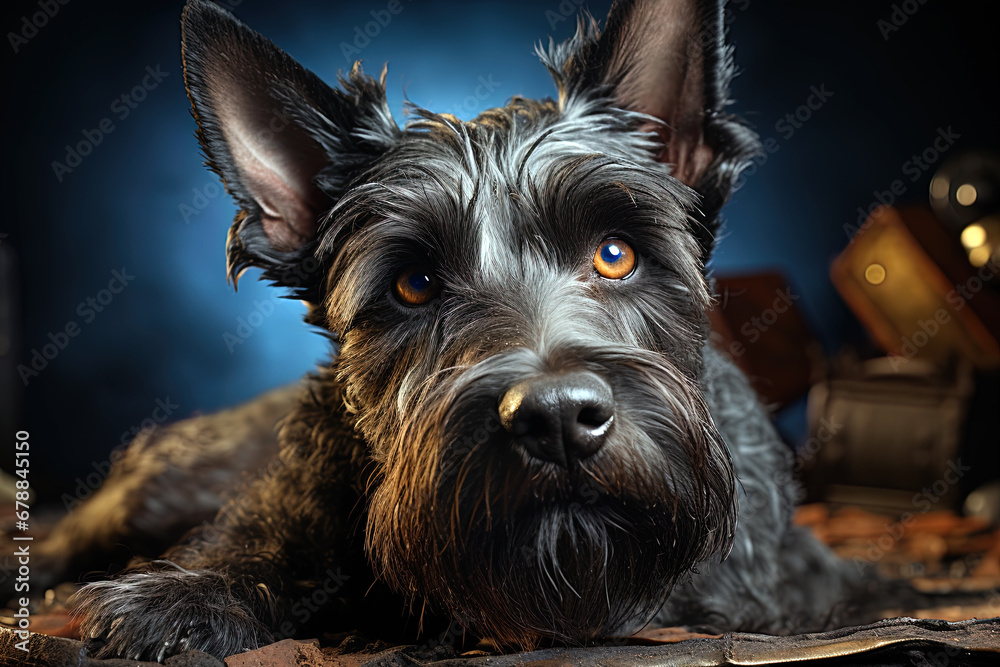 Zwergschnauzer dog on a blue background. Close up portrait. Ai art