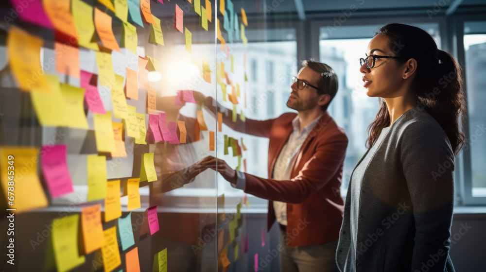 A professional team engaged in a brainstorming session, using colorful sticky notes on a glass wall to organize their ideas and strategies. - obrazy, fototapety, plakaty 