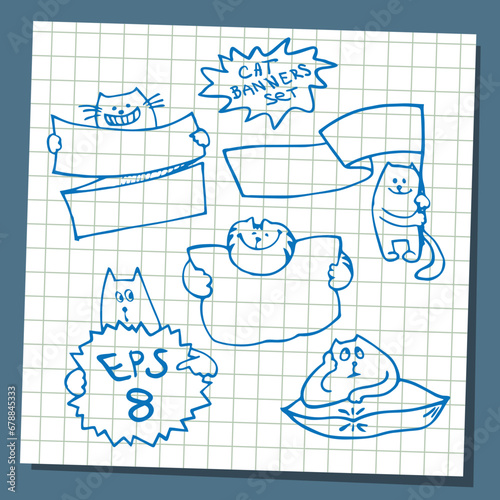 Set of hand drawing cat with banner logo vector.
