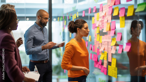 A professional team engaged in a brainstorming session, using colorful sticky notes on a glass wall to organize their ideas and strategies. photo