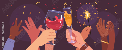 Man, woman hands holding sparklers, friends party