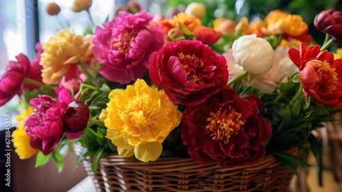 Bouquet of peonies  in a flower shop. Springtime Concept. Mothers Day Concept with a Copy Space. Valentine s Day.