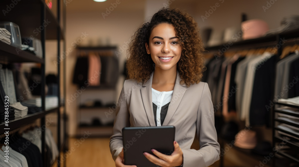 A professional woman with a tablet in hand, smiling and standing in a modern clothing store, surrounded by neatly organized shelves full of various apparel. - obrazy, fototapety, plakaty 