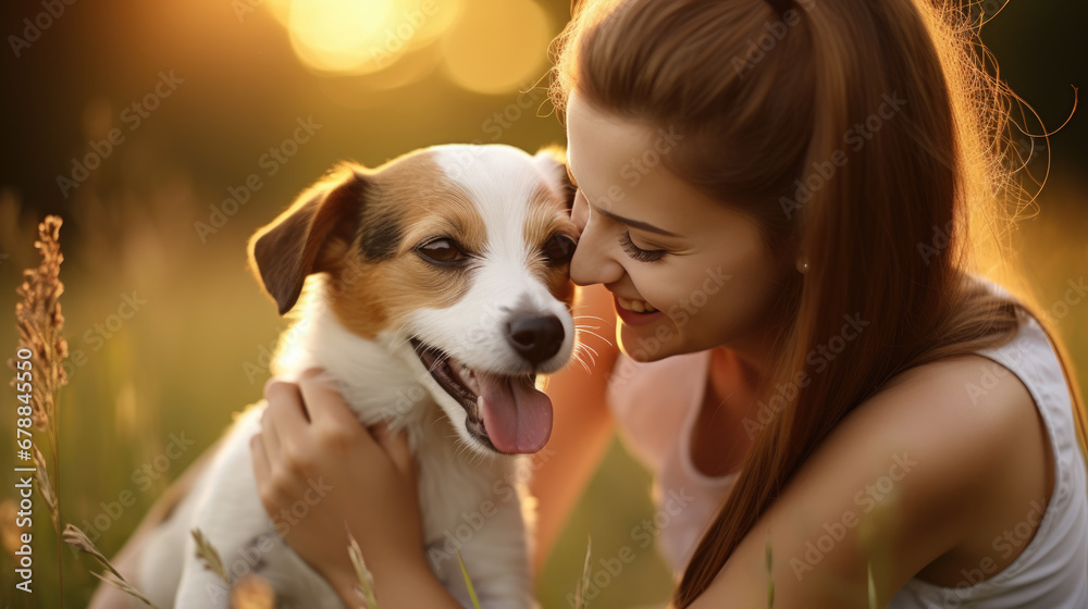 Close-up moment of happiness and affection between a smiling woman and her joyful dog, with a focus on the animal's face and the woman's smiling expression in warm sunlight. Close-up moment of happiness and affection between a smiling woman and her joyful dog, with a focus on the animal's face and the woman's smiling expression in warm sunlight.
