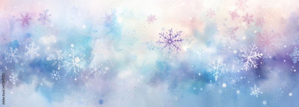 Wide banner winter background with snowflakes and bokeh on soft blue background in watercolor style with space for text. Christmas, New Year Illustration Wide banner winter background with snowflakes and bokeh on soft blue background in watercolor style with space for text. Christmas, New Year Illustration