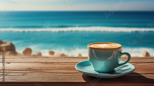 A glass of coffee on a table with the ocean in the distance.