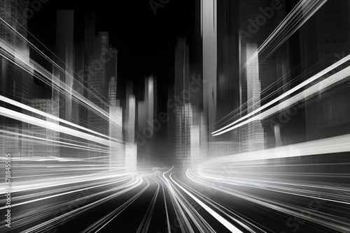 speeding light streaks in monochrome cityscape