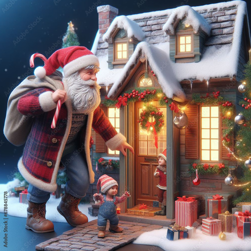 Santa Claus and little girl in front of a house with Christmas decorations