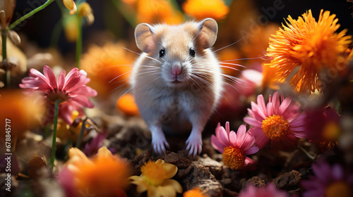 A hamster in its little home surrounded by vibrant flowers. © sopiangraphics