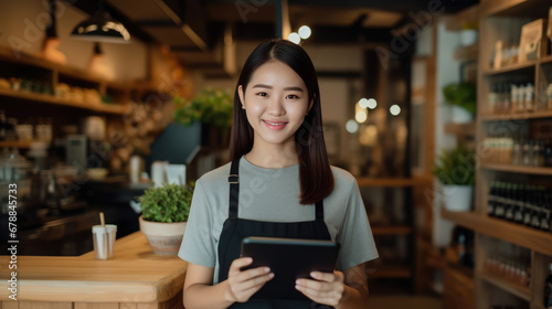 A smiling woman, small business owner, holding a tablet and wearing an apron, standing in a well-lit and organized cafe environment