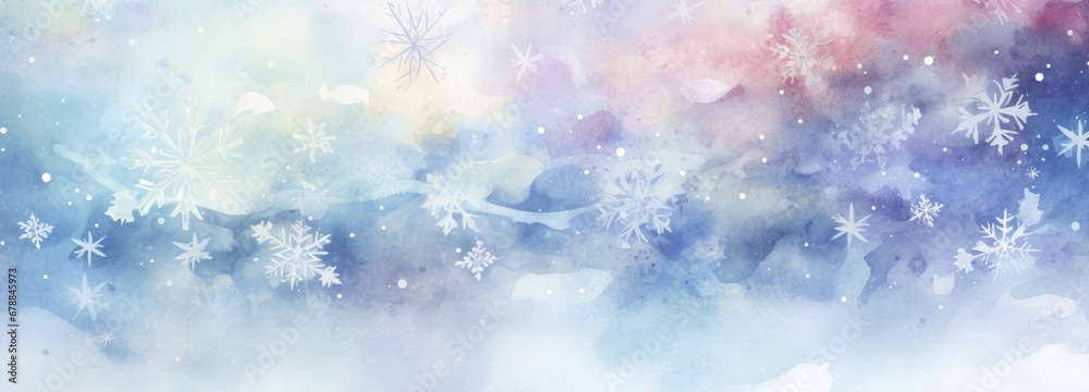 Wide banner winter background with snowflakes and bokeh on soft blue background in watercolor style with space for text. Christmas, New Year Illustration Wide banner winter background with snowflakes and bokeh on soft blue background in watercolor style with space for text. Christmas, New Year Illustration