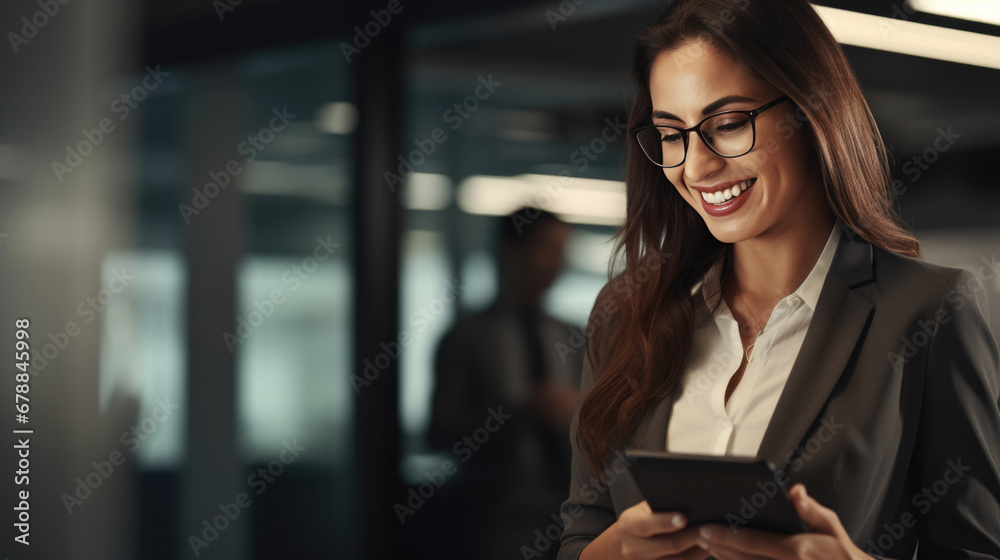 Professional woman standing in an office corridor, holding a tablet, wearing a suit and smiling at the camera. Professional woman standing in an office corridor, holding a tablet, wearing a suit and smiling at the camera.