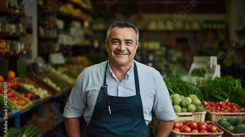 A cheerful middle-aged grocer wearing an apron, standing in front of a vibrant display of fresh produce, including tomatoes and peppers, in a local grocery market.