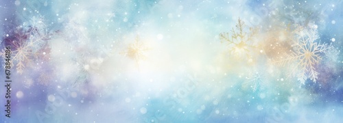 Wide banner winter background with snowflakes and bokeh on soft blue background in watercolor style with space for text. Christmas, New Year Illustration © masyastadnikova