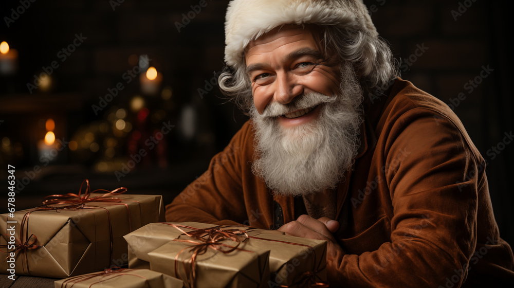 Cheerful man with white beard in Santa hat and gifts - obrazy, fototapety, plakaty 