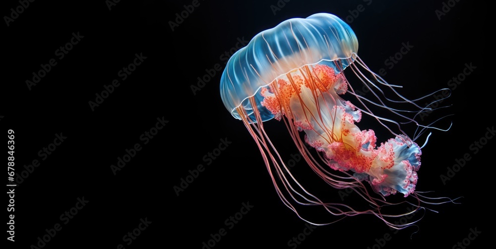 Glowing jellyfishes swim deep in dark blue ocean. Realistic Medusa neon jellyfish in sea. Black background with a space for text. Glowing jellyfishes swim deep in dark blue ocean. Realistic Medusa neon jellyfish in sea. Black background with a space for text.