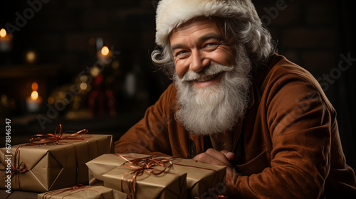 Cheerful man with white beard in Santa hat and gifts